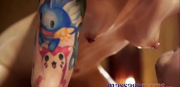  Massage Rooms Tattooed British slut Kylie Nymphette drains big cock dry